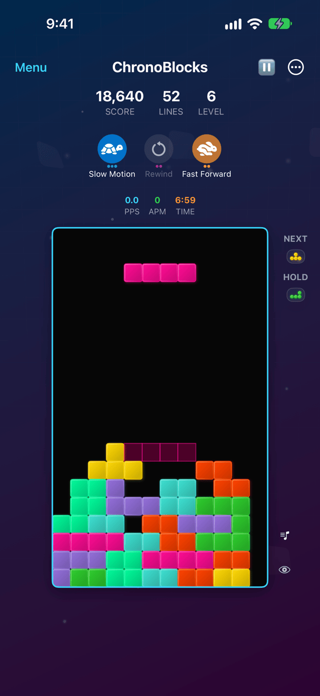 ChronoBlocks gameplay on iPhone: Marathon mode, level 6, time powers ready
